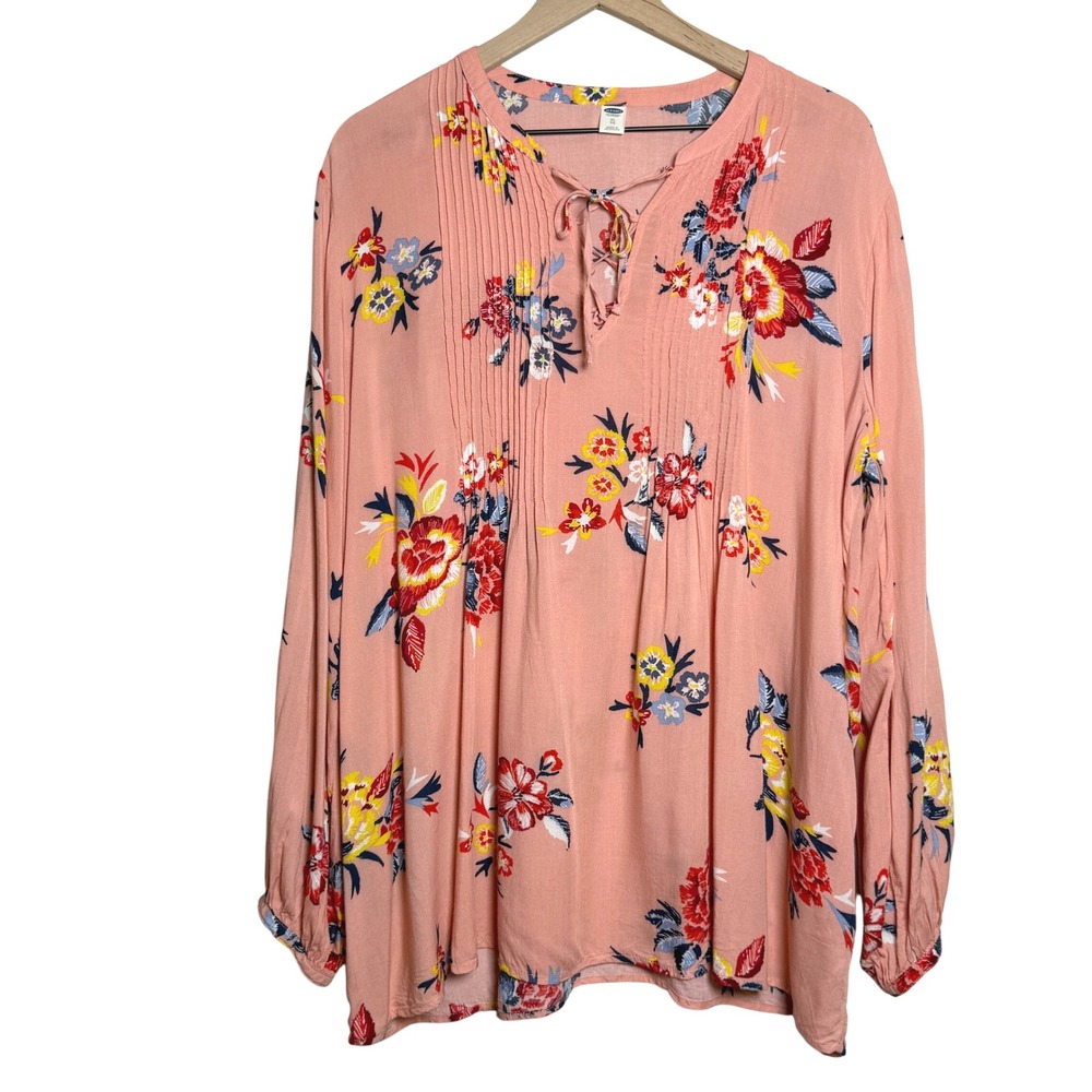 Old Navy Womens Blouse XL Pink Floral Pleated Balloon Sleeve Prairiecore Boho